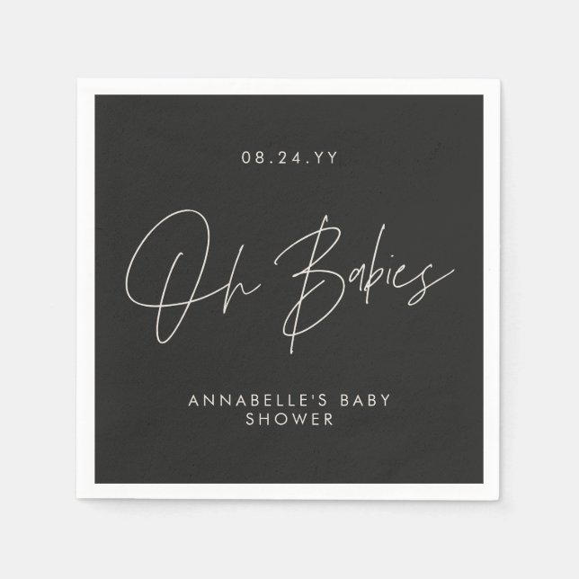 Serviette En Papier Baby shower twin moderne noir et blanc élégant (Devant)