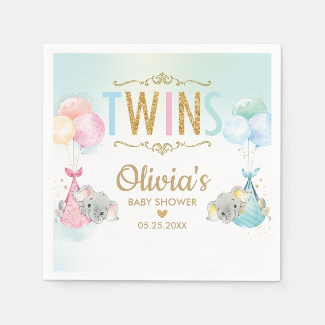 Serviette En Papier Baby shower Twins Boy Girl Elephant Balloons (Devant)