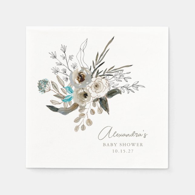 Serviette En Papier Baby shower végétal bleu terrien minimaliste (Devant)