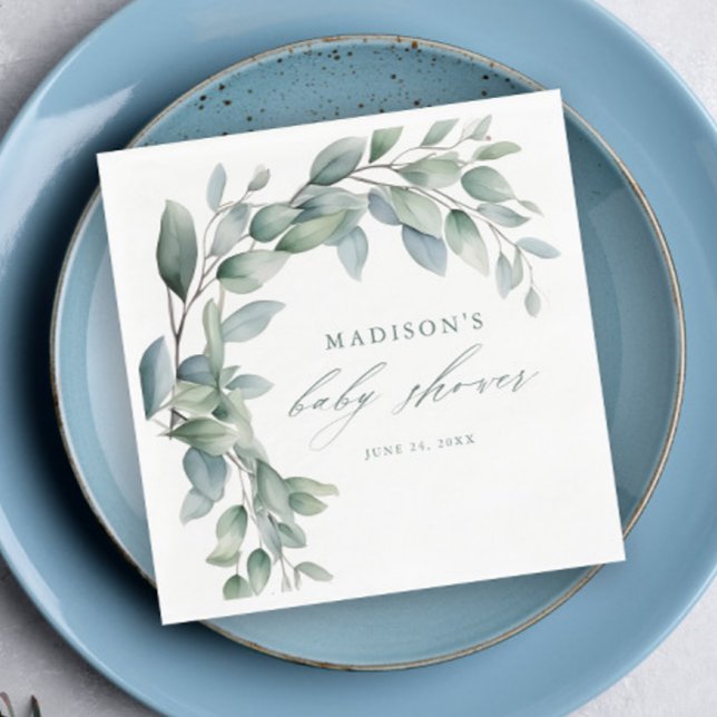 Serviette En Papier Baby shower vert Eucalyptus (Elegant Eucalyptus Greenery Script Baby Shower Napkins.)