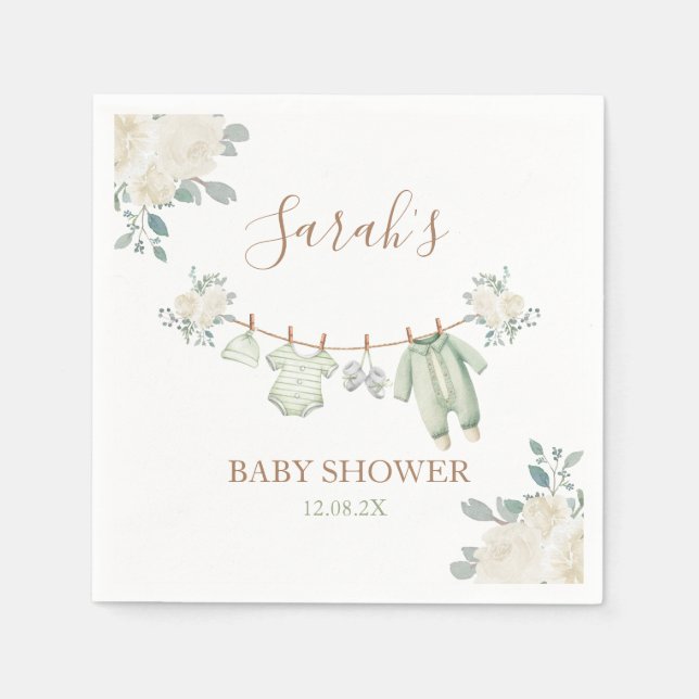 Serviette En Papier Baby shower Vêtements de bébé vert Sage (Devant)