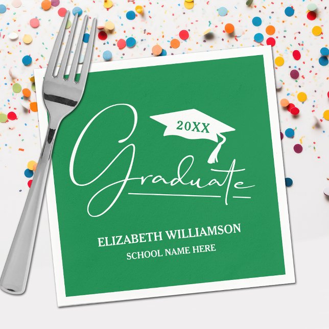 Serviette En Papier Bac blanc de graduation de script vert (Your name, class year and "Graduate" in a cool script on green school color party napkins)