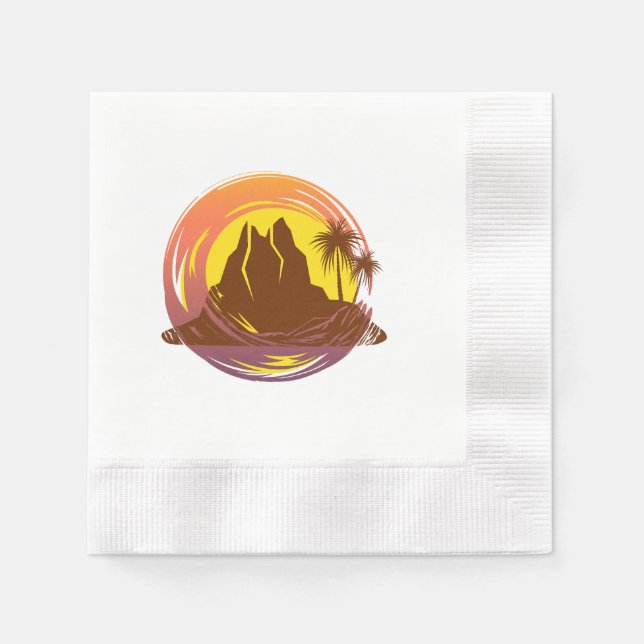Serviette En Papier Badge avec paysage volcanique tropical et palmiers (Devant)