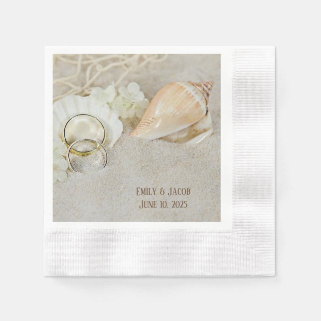 Serviette En Papier Bagues et coquillages mariages dans le sable (Devant)