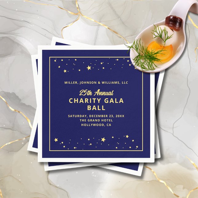 Serviette En Papier Bal de gala Enchère Silencieuse Elégant Bleu Or (Charity Gala Ball Silent Auction Fundraiser Cocktail Napkin in Navy Blue and Gold with Stars.)