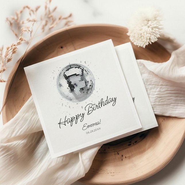 Serviette En Papier Bal Disco Argent Joyeux anniversaire (Silver Disco Ball Happy Birthday Napkins)
