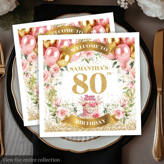 Serviette En Papier Balcons et Parties scintillant 80e anniversaire de (Balloons & Glitter 80th Birthday Party Napkins)