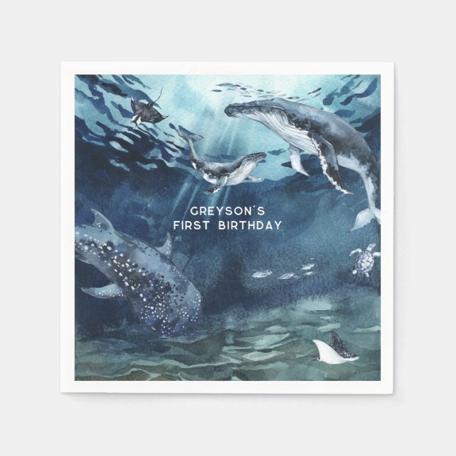 Serviette En Papier Baleine à bosse | Ocean Birthday Party Napkins (Devant)