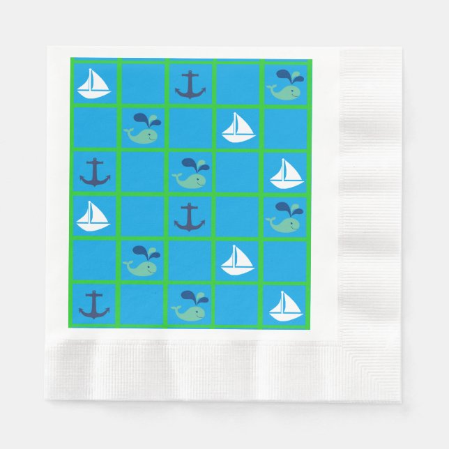 Serviette En Papier Baleine nautique, Voilier, Ancre Blue Green Napkin (Devant)