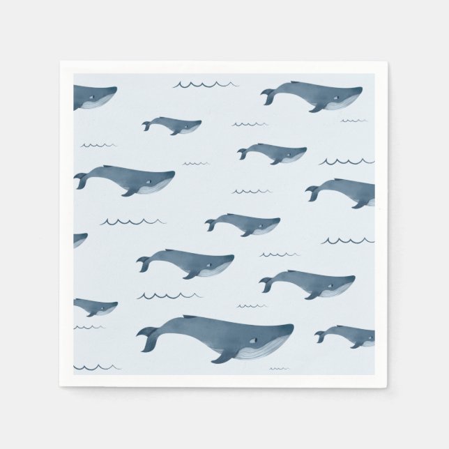 Serviette En Papier Baleines Bleues Baignant Dans L'Océan (Devant)