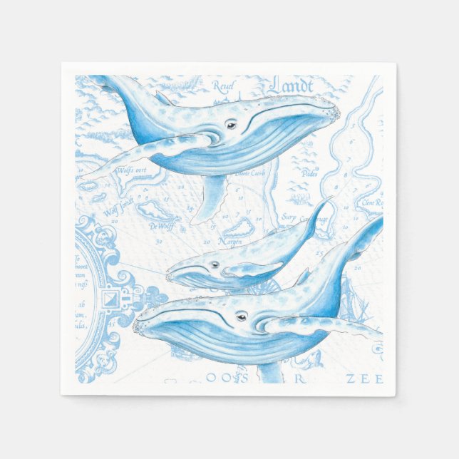 Serviette En Papier Baleines bleues Famille Blanc (Devant)