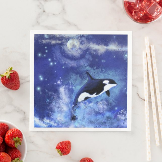 Serviette En Papier Baleines tueuses Napkins Blue Fulmoon Sky Night (En situation)