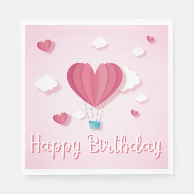 Serviette En Papier Ballon aérien Coeur rose romantique Joyeux anniver (Devant)