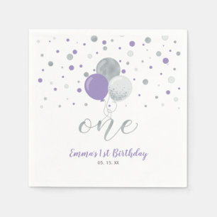 Serviette En Papier Ballon argent et violet Confetti Fille 1er Anniver
