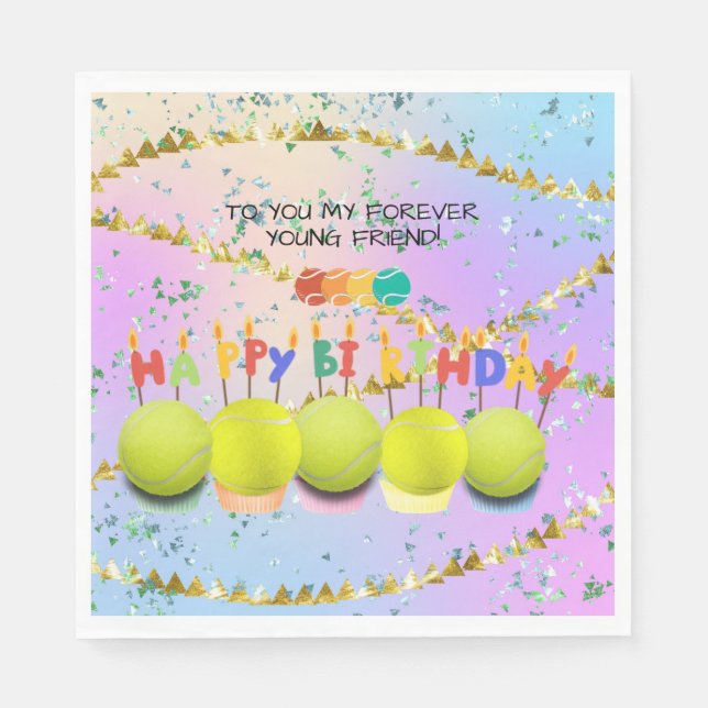 Serviette En Papier Ballon de tennis avec joyeux anniversaire coloré (Devant)