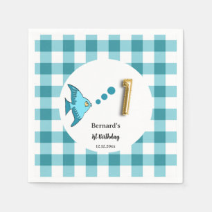Serviette En Papier Ballon en feuille d'or Gingham sarcelle Poisson 1e