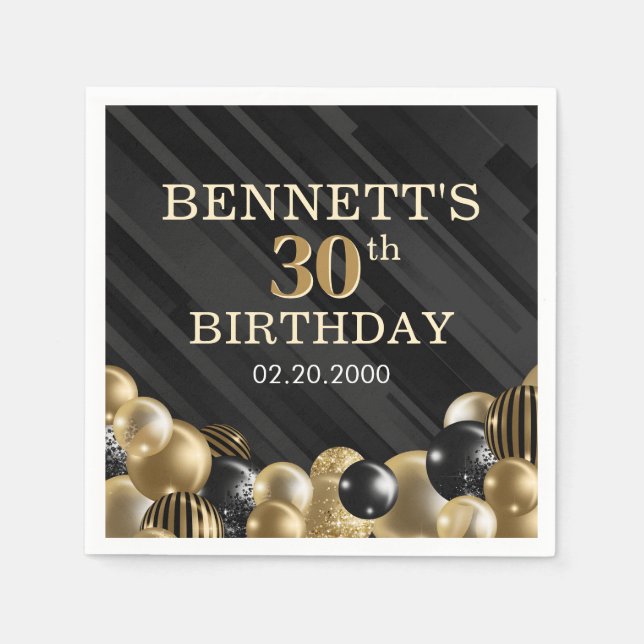 Serviette En Papier Ballons Black Gold Anniversaire (Devant)