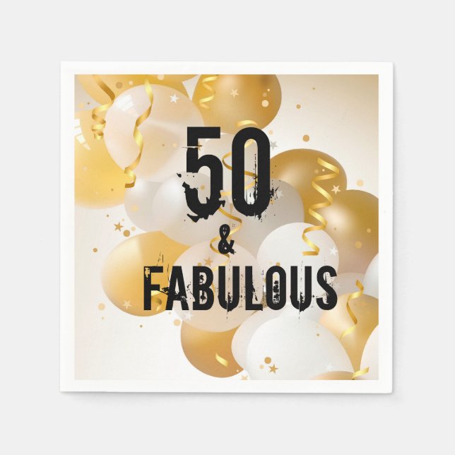 Serviette En Papier Ballons blancs d'or 50 et fabuleux (Devant)