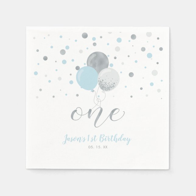 Serviette En Papier Ballons d'argent et bleu Confetti Garçon 1er anniv (Devant)