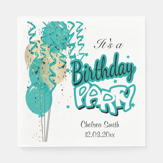 Serviette En Papier Ballons de fête d'anniversaire - Turquoise (Devant)