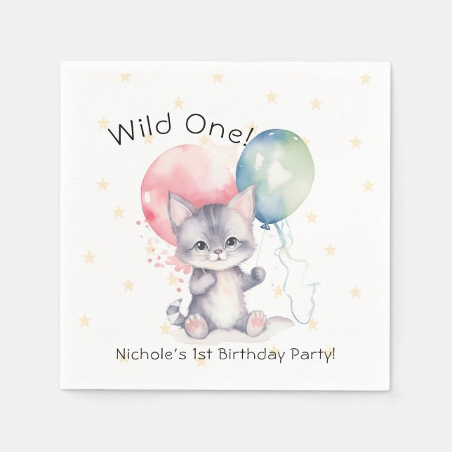 Serviette En Papier Ballons Wild One Kitten 1er fête d'anniversaire (Devant)