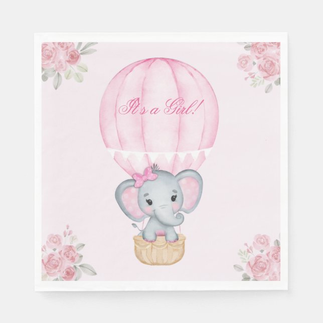 Serviette En Papier Balloon à air chaud Baby Girl Elephant Roses (Devant)