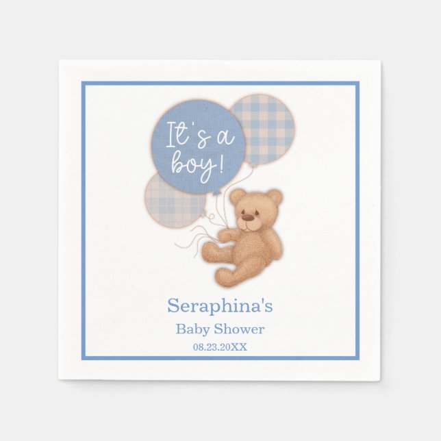 Serviette En Papier Balloon bleu Teddy Bear Baby shower serviettes (Devant)