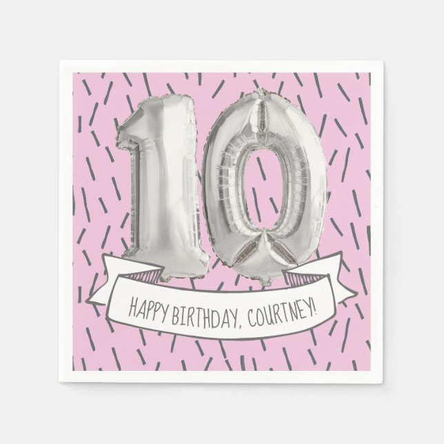 Serviette En Papier Balloon rose et gris Filles 10e anniversaire (Devant)