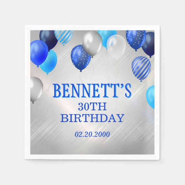 Serviette En Papier Balloons Bleus Anniversaire (Devant)
