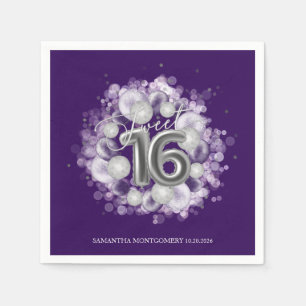 Serviette En Papier Balloons de fête violets pour les 16 ans sucrés en