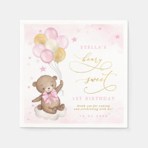Serviette En Papier Balloons Ours Teddy Or rose Étoiles Anniversaire