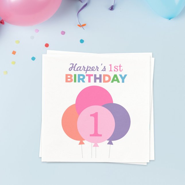 Serviette En Papier Balloons rose moderne Première fête d'anniversaire (Créateur téléchargé)