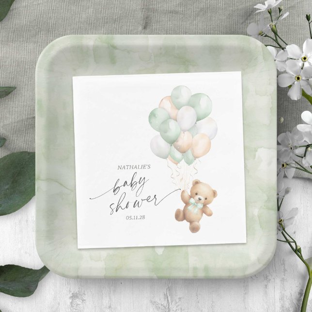 Serviette En Papier Balloons verts Sage, Bearly wait Genre Neutre (Sage Green We Can Bearly Wait, Teddy Bear Themed Baby Boy Shower Napkin.)