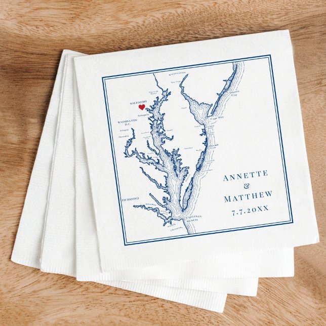 Serviette En Papier Baltimore MD Chesapeake Bay Map Mariage élégant (These Baltimore Maryland Map napkins are perfect for your Chesapeake Bay Destination Wedding)