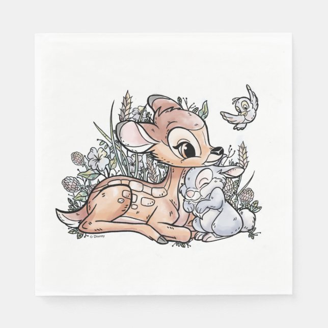 Serviette En Papier Bambi & Thumper Assis Dans Les Fleurs (Devant)