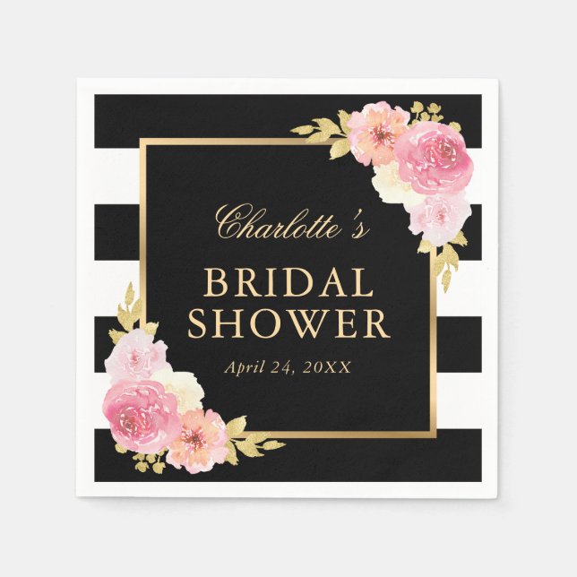Serviette En Papier Bandes noires Aquarelle rose Fête des mariées flor (Devant)