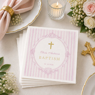 Serviette En Papier Bandes roses élégantes fille vintage baptême