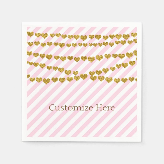 Serviette En Papier Bandes roses et blanches avec Gold Hearts Party (Devant)
