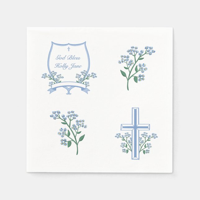 Serviette En Papier Baptême bleu clair Première communion Cimier flora (Devant)