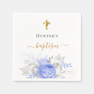 Serviette En Papier Baptême bleu floral blanc élégant nom script garço