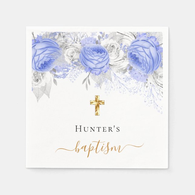 Serviette En Papier Baptême bleu floral blanc nom du garçon script (Devant)