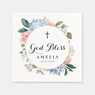 Serviette En Papier Baptême Bleu Hydrangée et Dieu Rose béni