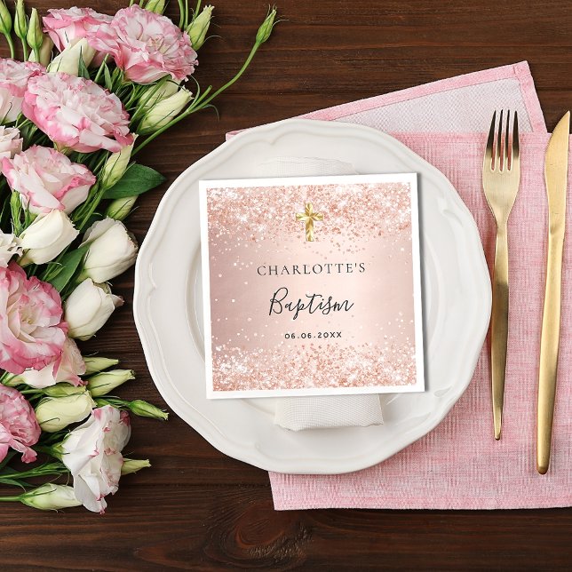 Serviette En Papier Baptême blush rose or parties scintillant nom fill (Créateur téléchargé)