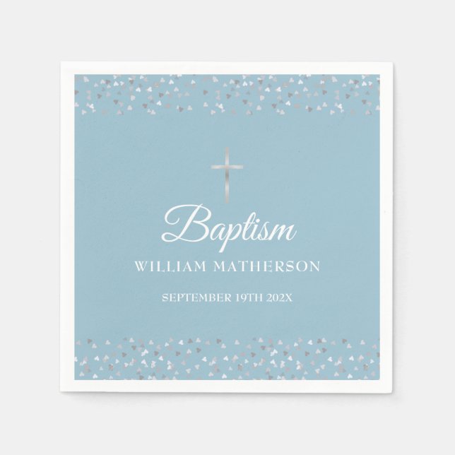 Serviette En Papier Baptême Christening Coeurs d'argent modernes (Devant)