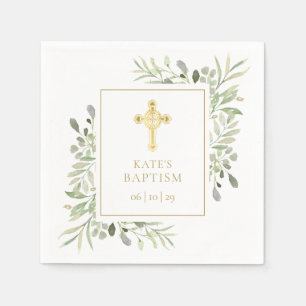 Serviette En Papier Baptême Christening Gold Cross Green