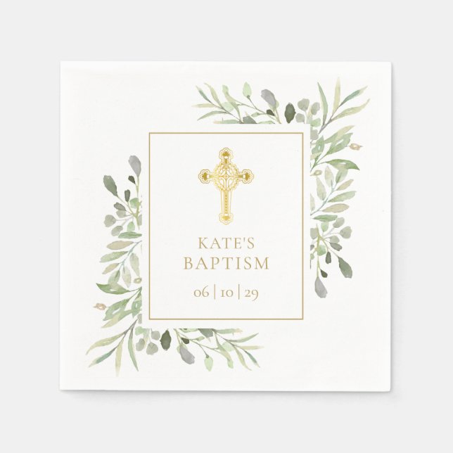 Serviette En Papier Baptême Christening Gold Cross Green (Devant)