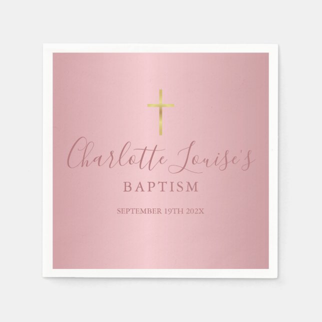 Serviette En Papier Baptême Christening Moderne Rose Gold Script Napki (Devant)