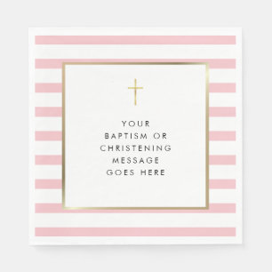 Serviette En Papier Baptême Croix Dorée Rayure Rose Message