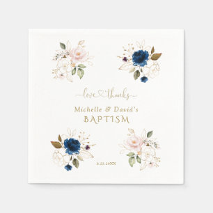Serviette En Papier Baptême de charme bleu rose or floral jumeaux