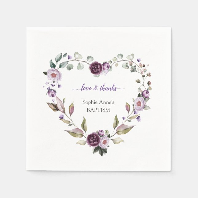 Serviette En Papier Baptême de Fleurs de pivoines violettes délicates (Devant)